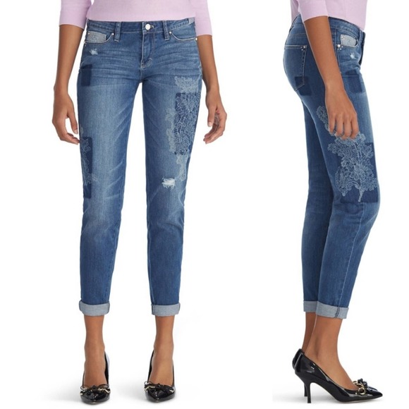 White House Black Market Denim - WHBM Patched Girlfriend Embellished Jeans